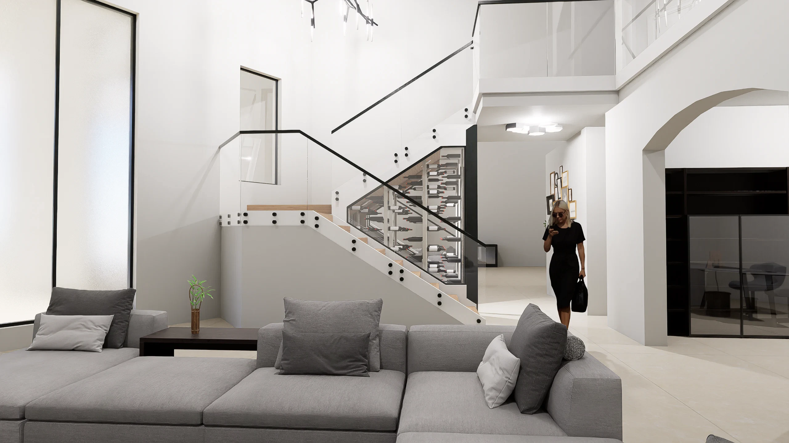 Modern glass and mirror decor in stylish living space. Elegant design with negative space and sleek accents.