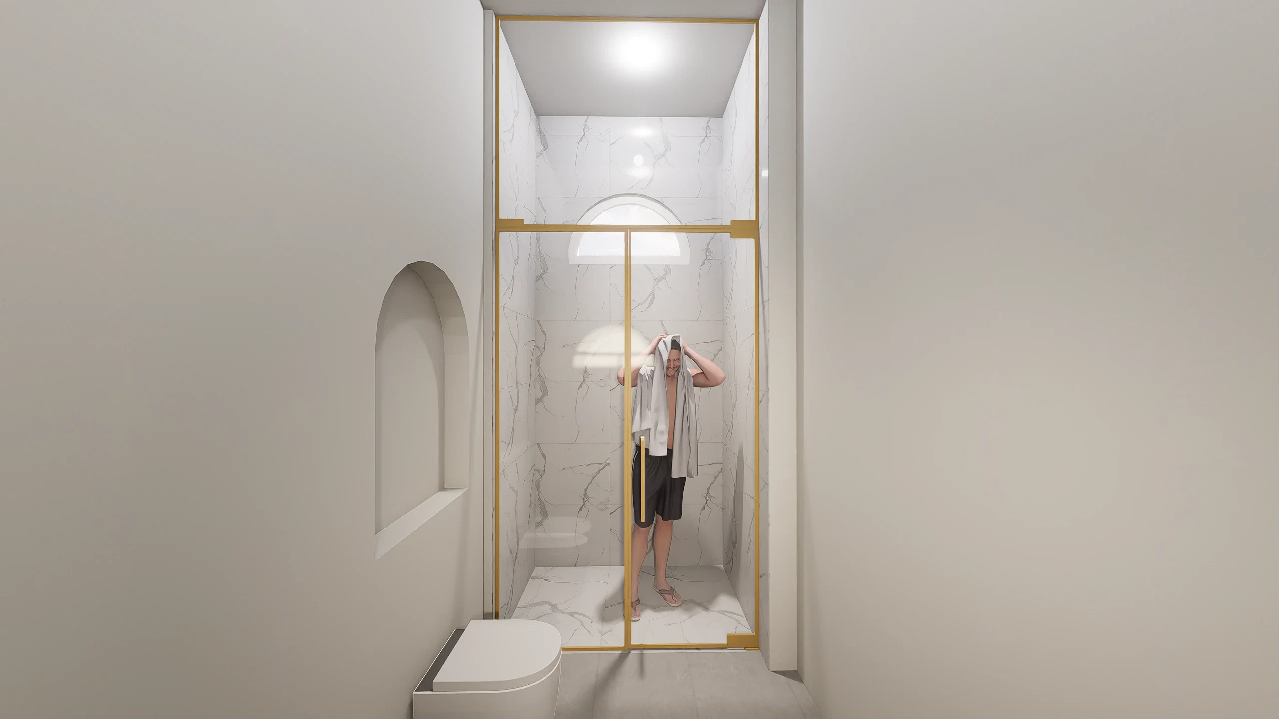 High-quality glass and marble shower with gold trim for luxurious bathroom design.