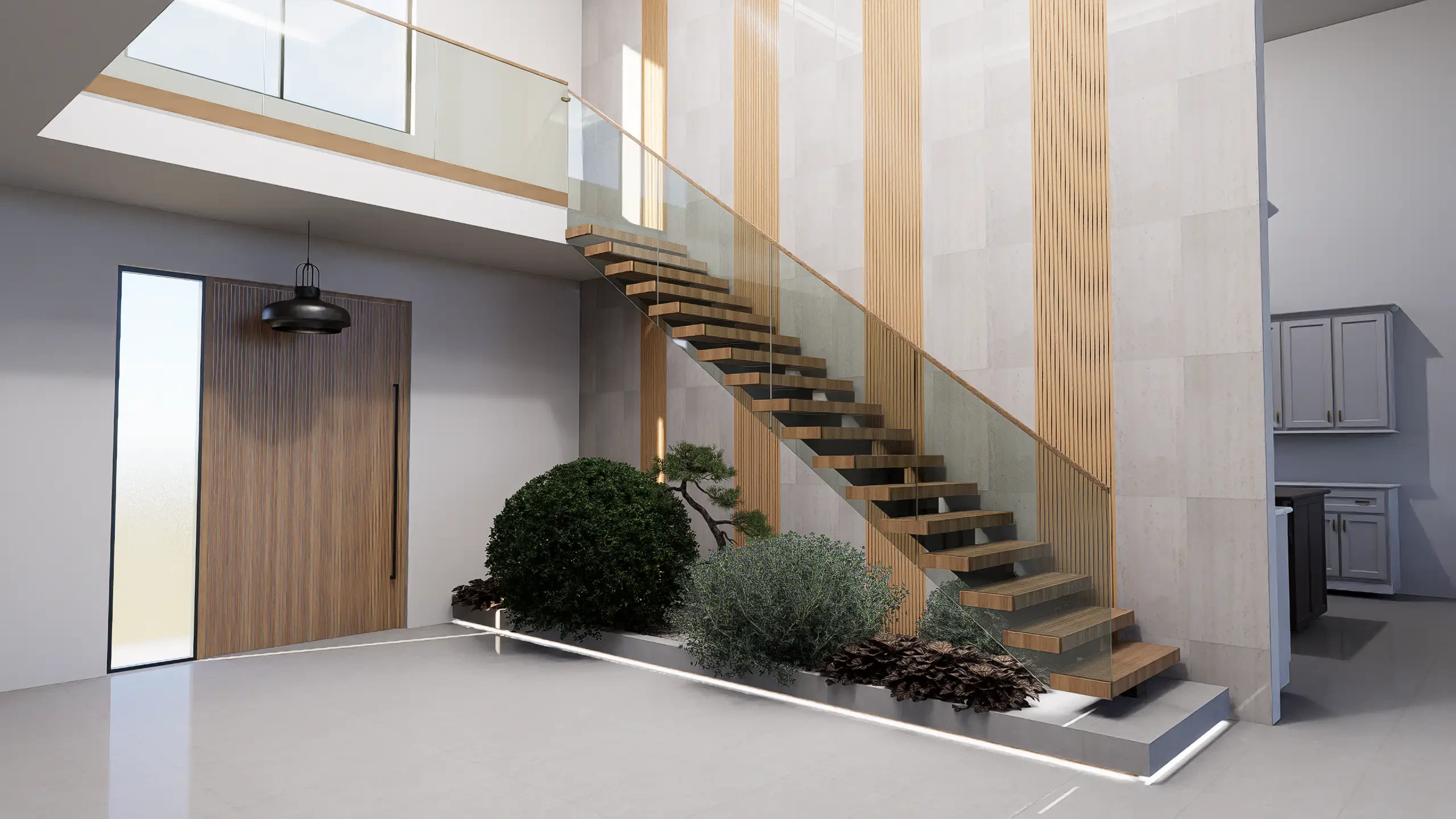 Elegant glass staircase with wooden steps and lush plants in a contemporary home interior.