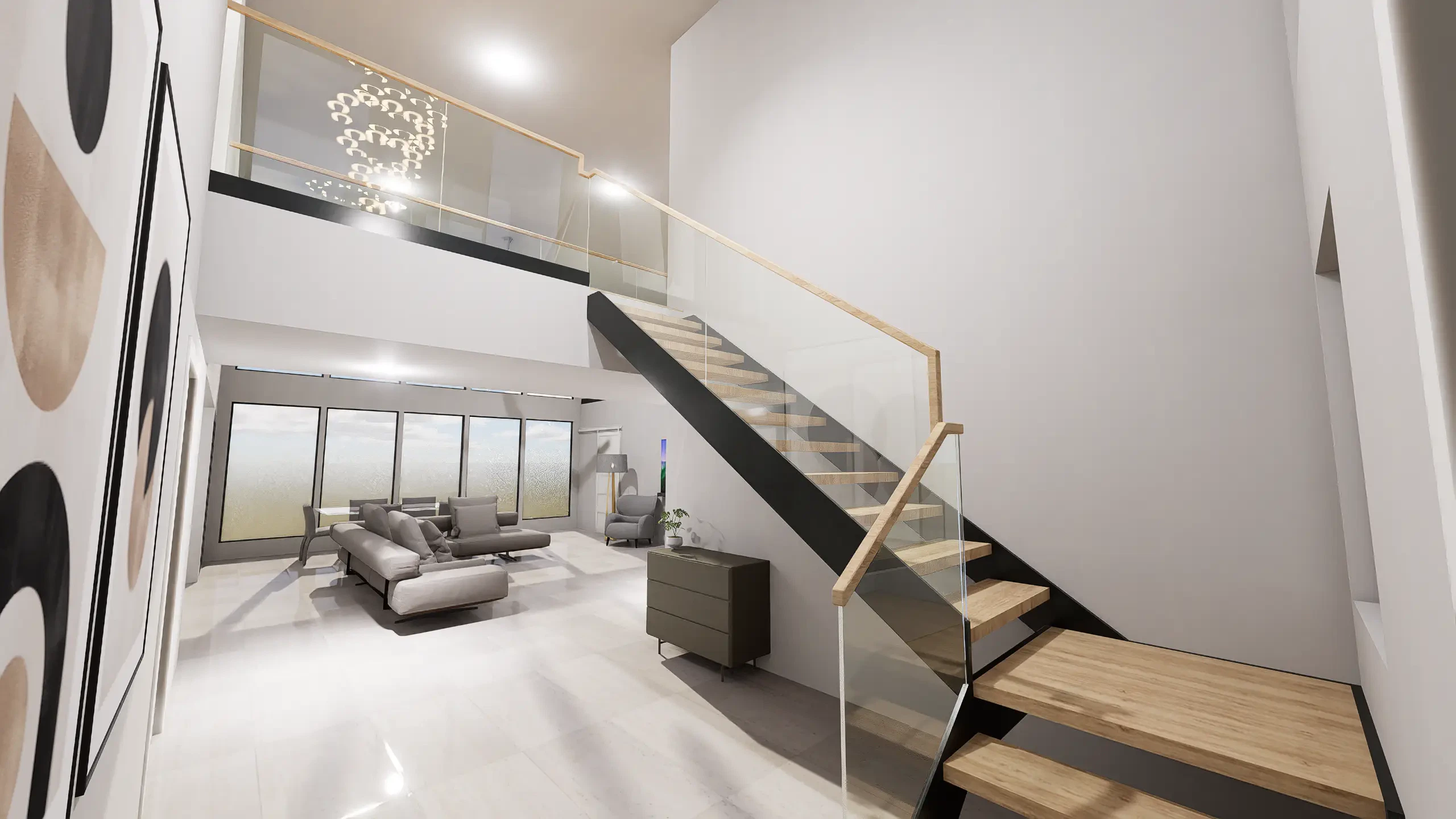 Modern interior with crystal glass railing and sleek staircase.