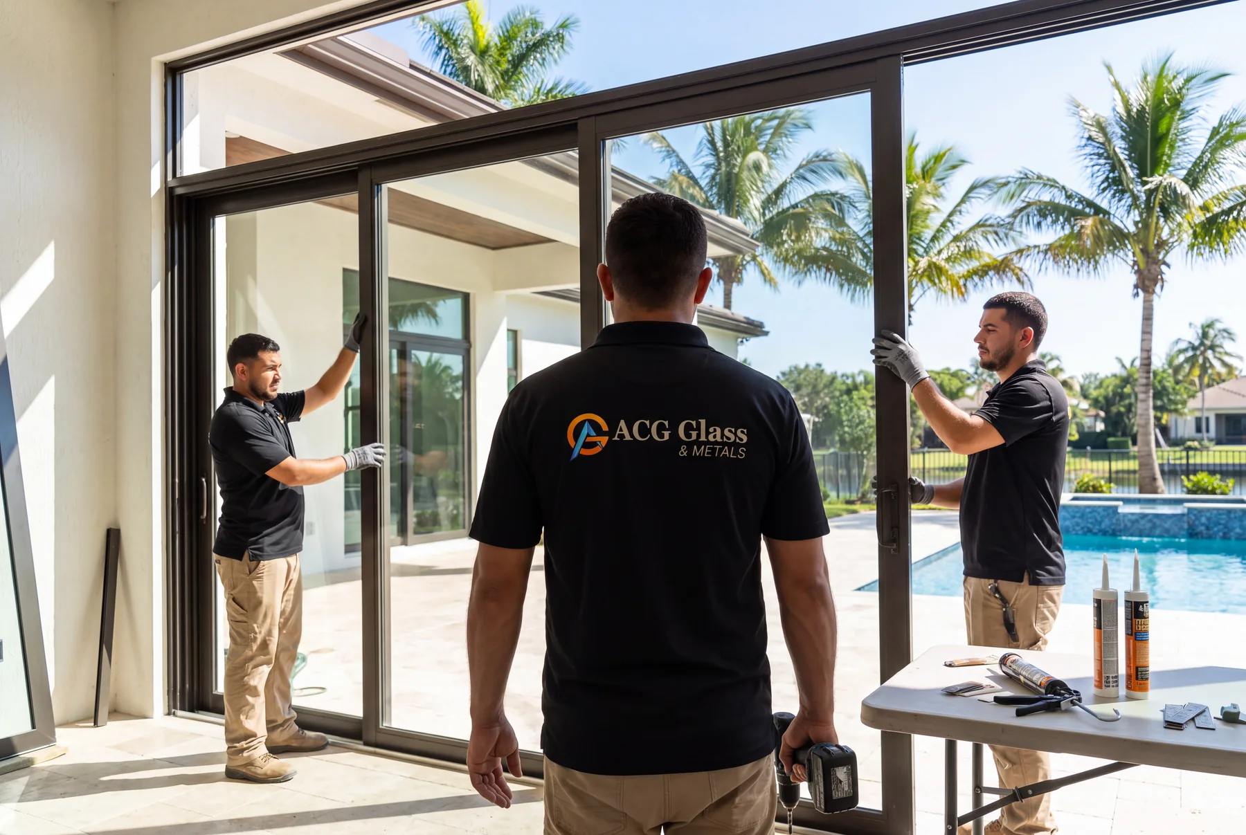 ACG Glass crew setting a panel of an impact sliding glass door into the head track