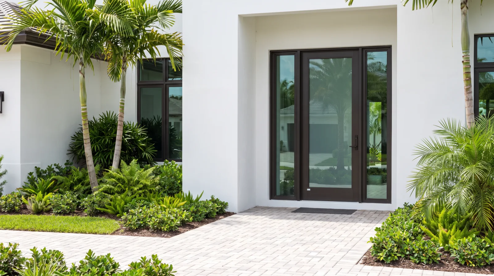 Dark bronze impact entry door with glass sidelites on a contemporary South Florida home
