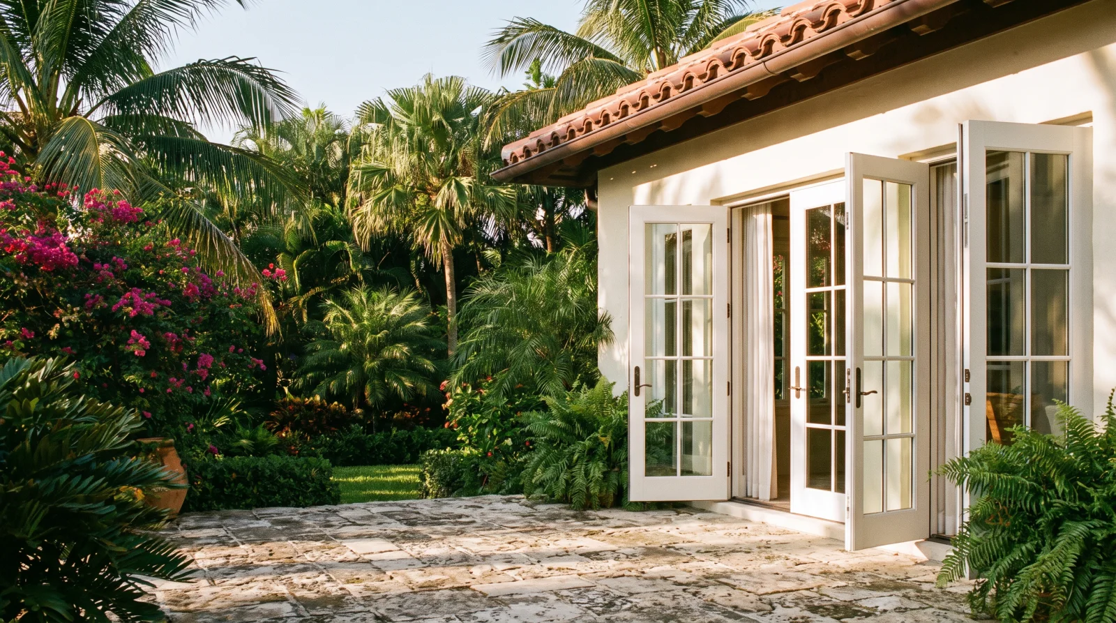 White impact French doors on a Mediterranean style Palm Beach home terrace