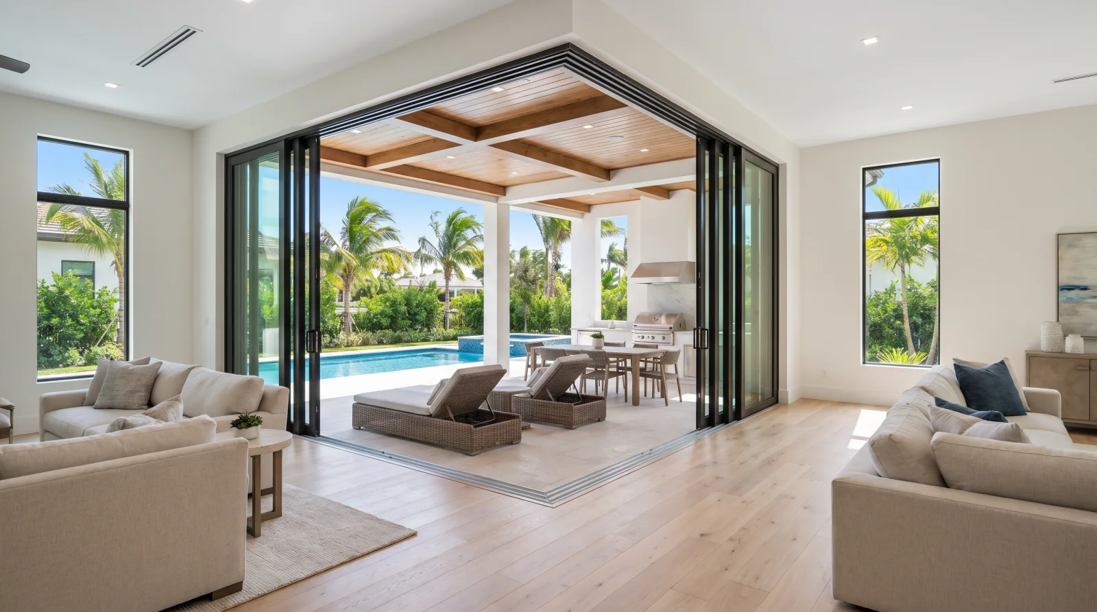 Multi-slide impact glass doors fully open to a covered lanai in a modern home