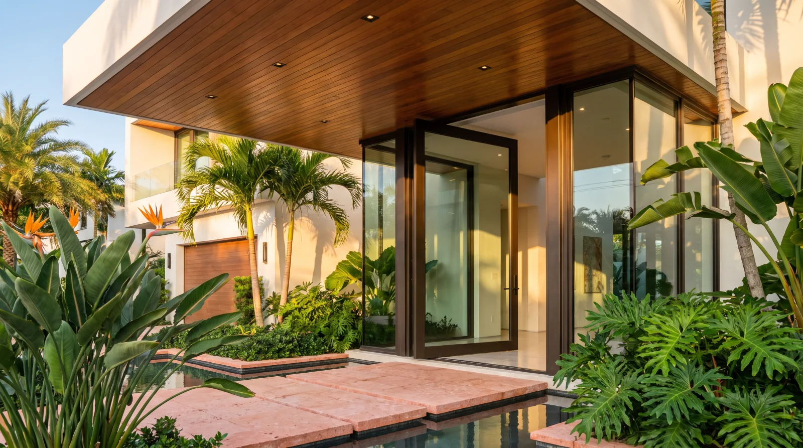 Oversized glass pivot entry door with dark aluminum frame on a luxury South Florida home