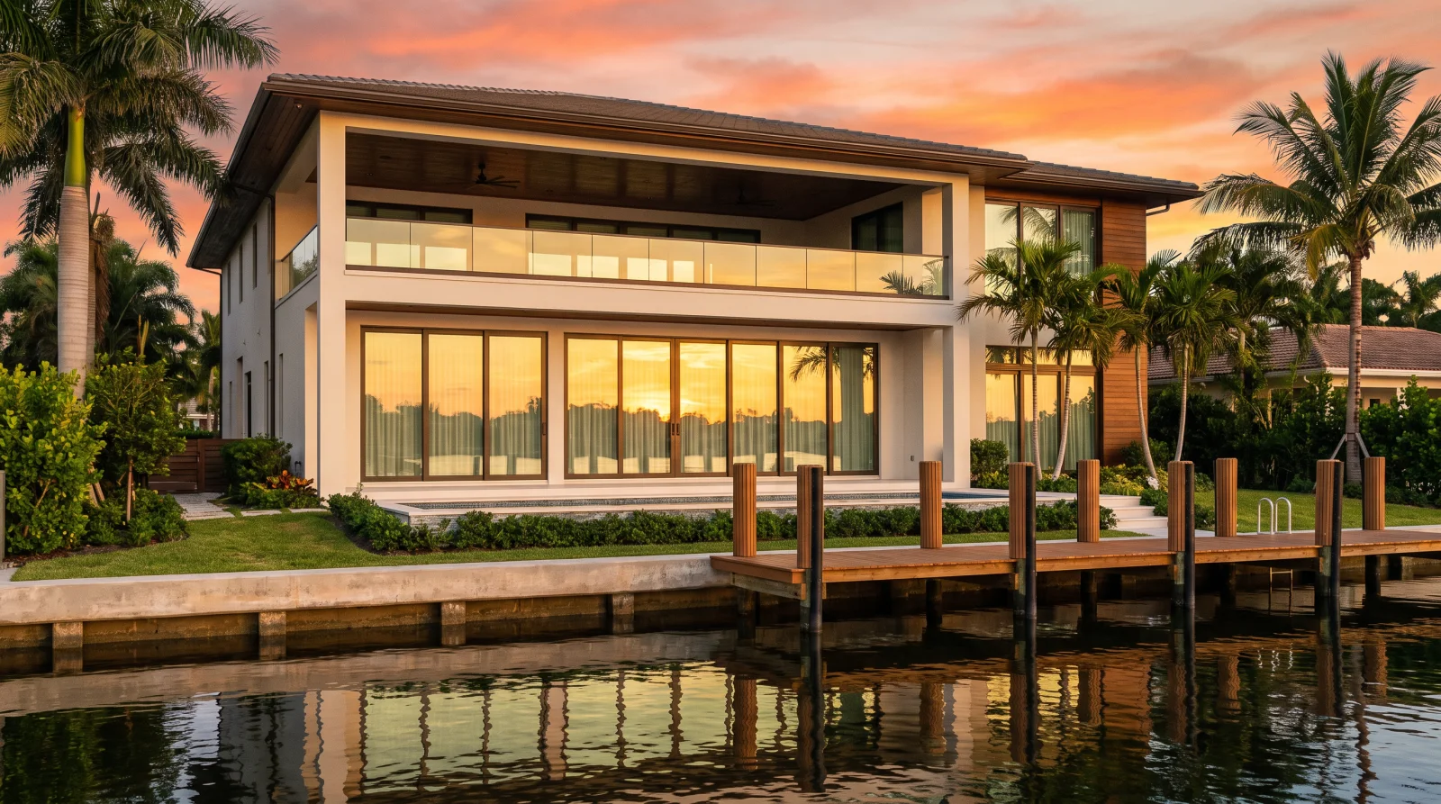 Impact sliding glass doors across the back of a waterfront South Florida home at sunset