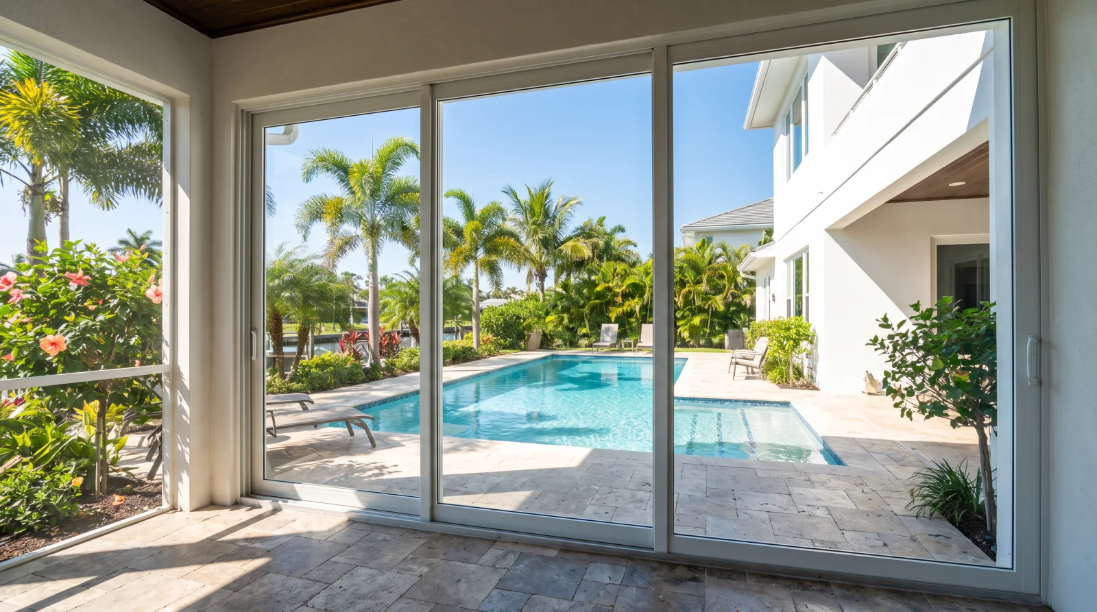 White aluminum impact sliding glass doors opening to a pool patio in South Florida