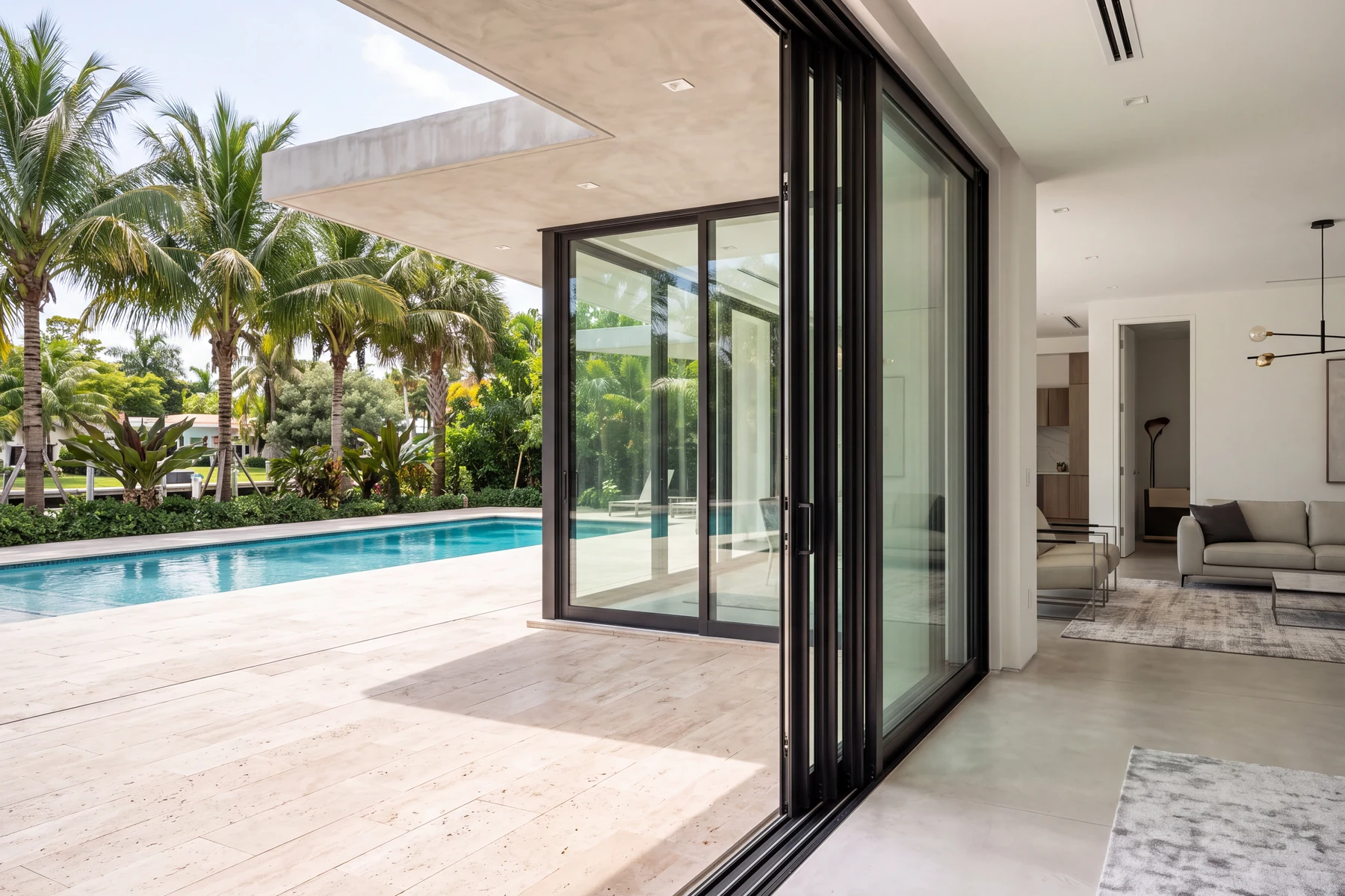 Impact sliding glass door open from a living room onto a travertine pool deck lined with palms