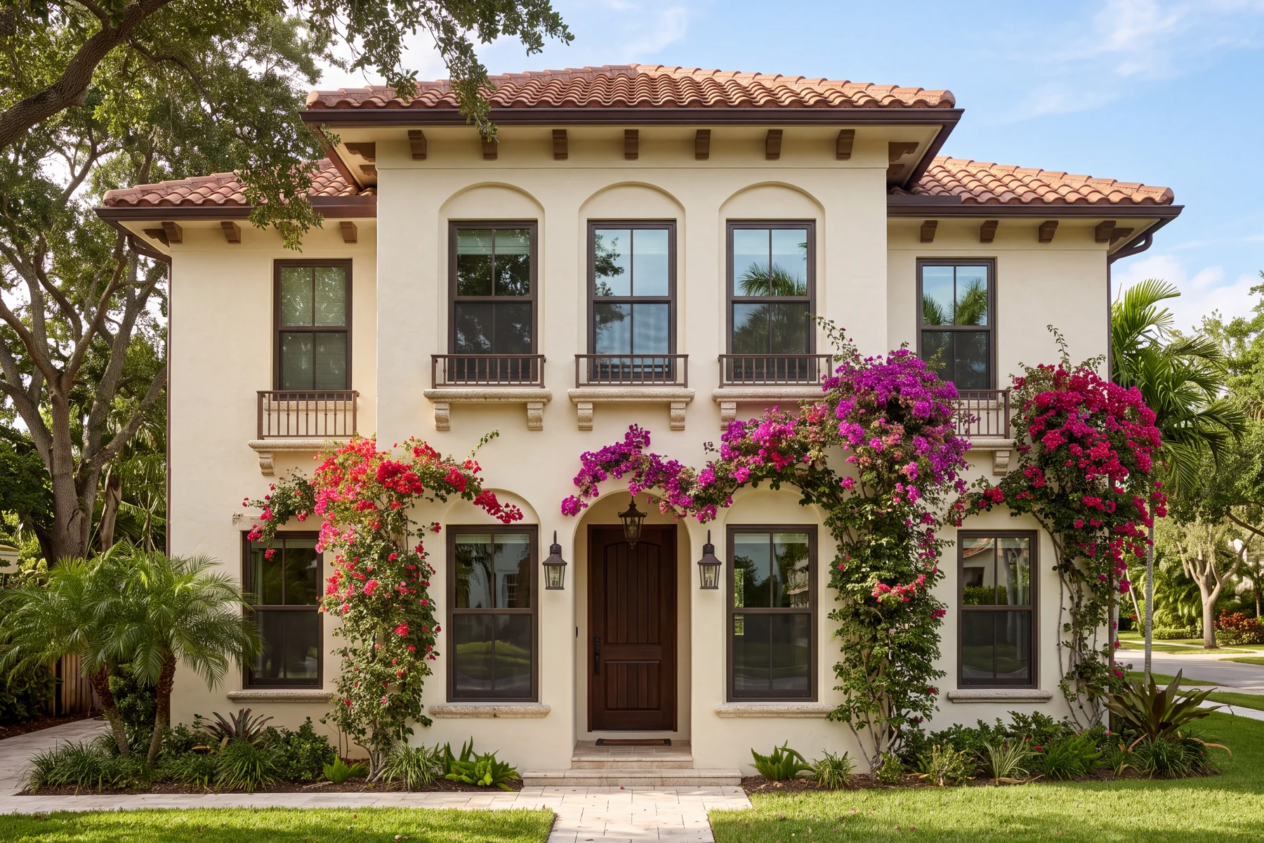 Two-story Mediterranean home with barrel tile roof and dark-framed impact windows framed by bougainvillea