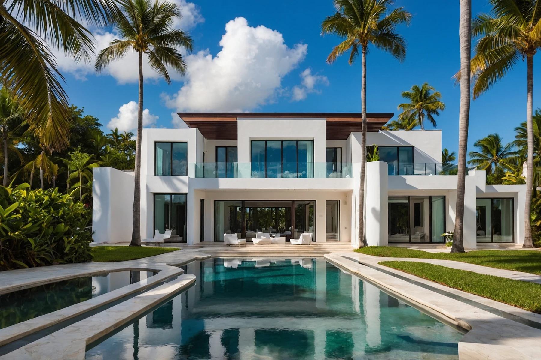 Contemporary white home with impact windows and impact sliding glass doors along a reflecting pool