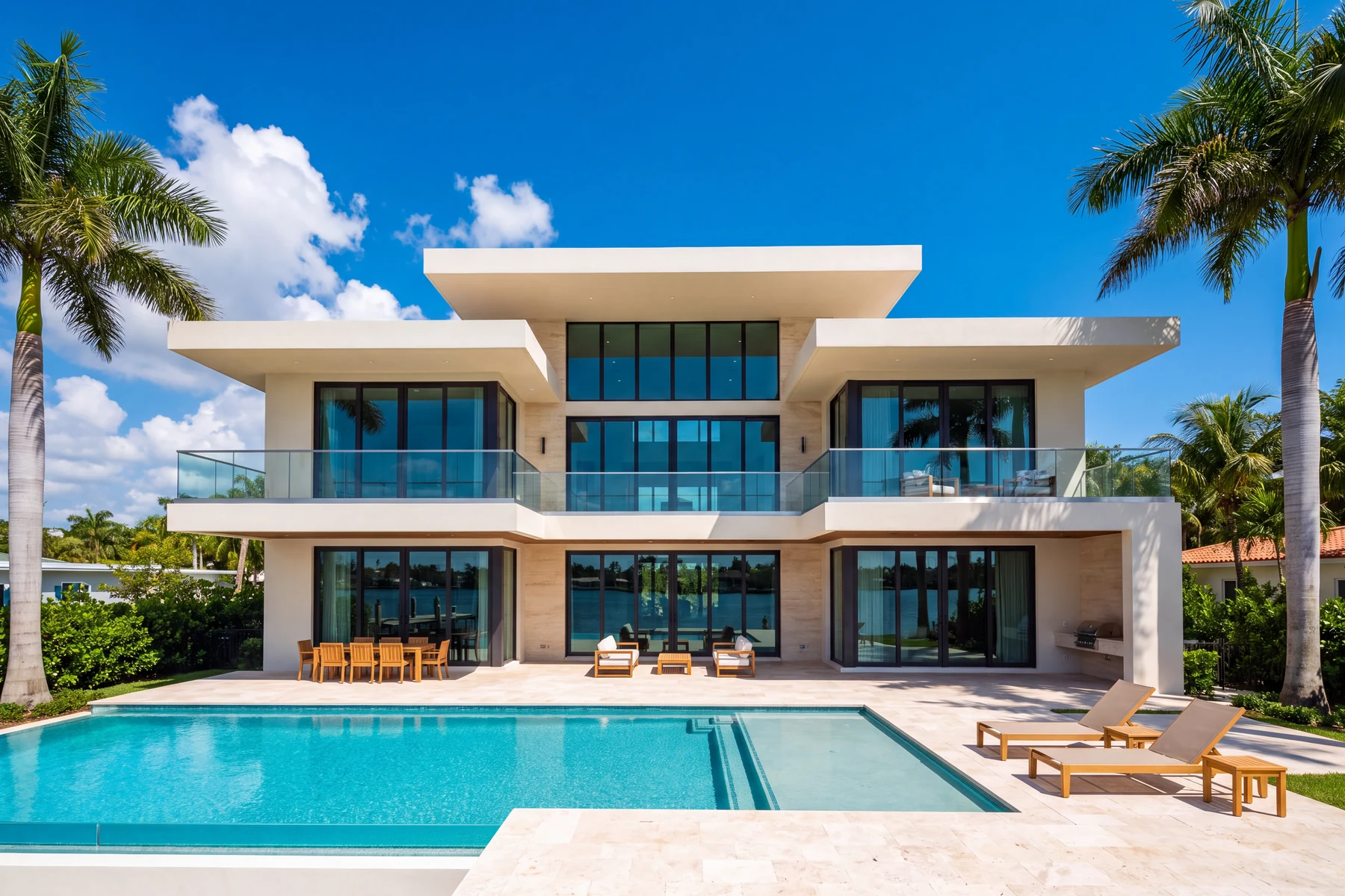 Waterfront home with floor-to-ceiling impact windows and glass balcony railings facing a pool