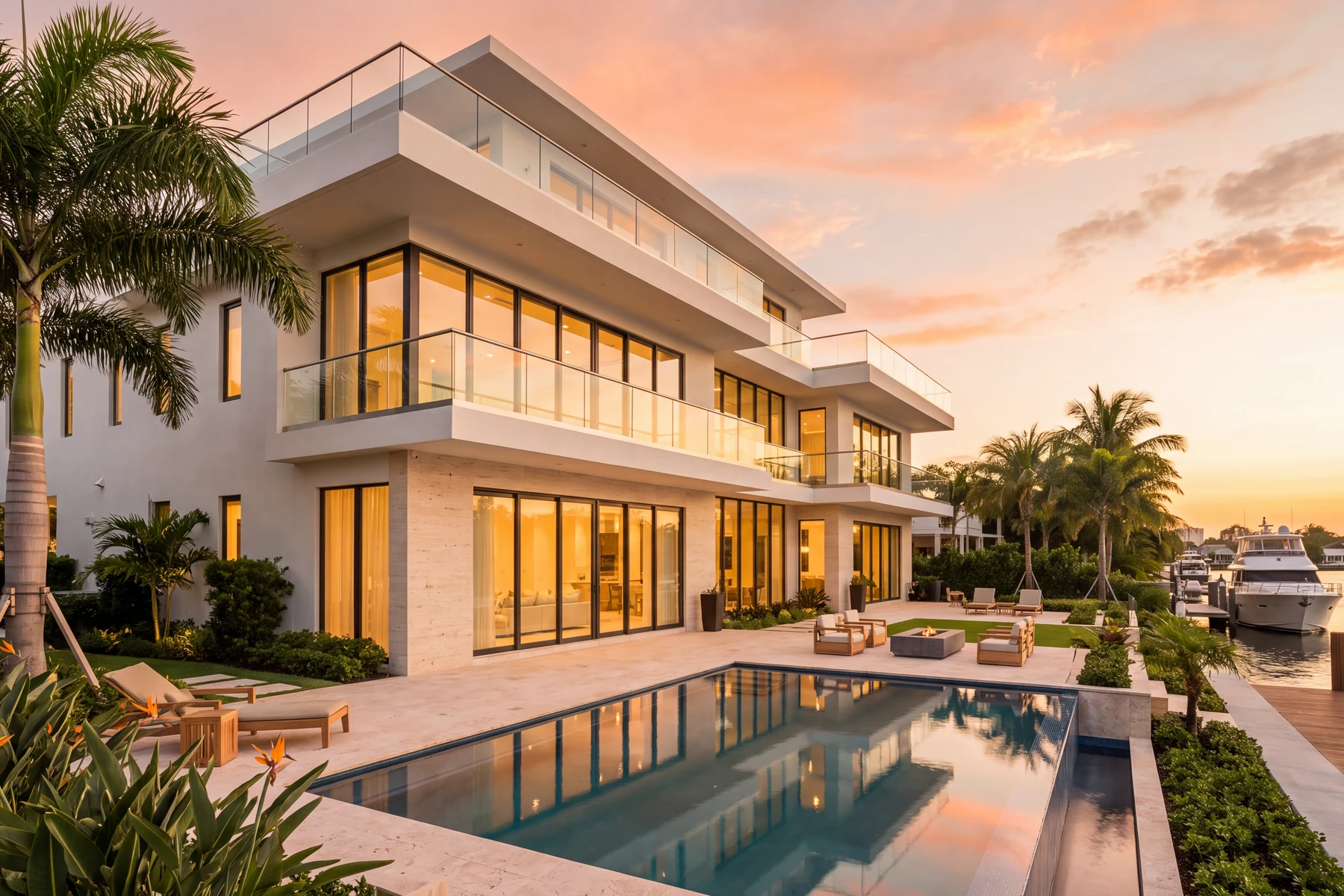 Three-story waterfront home at sunset with full-height impact windows, glass railings and a dock