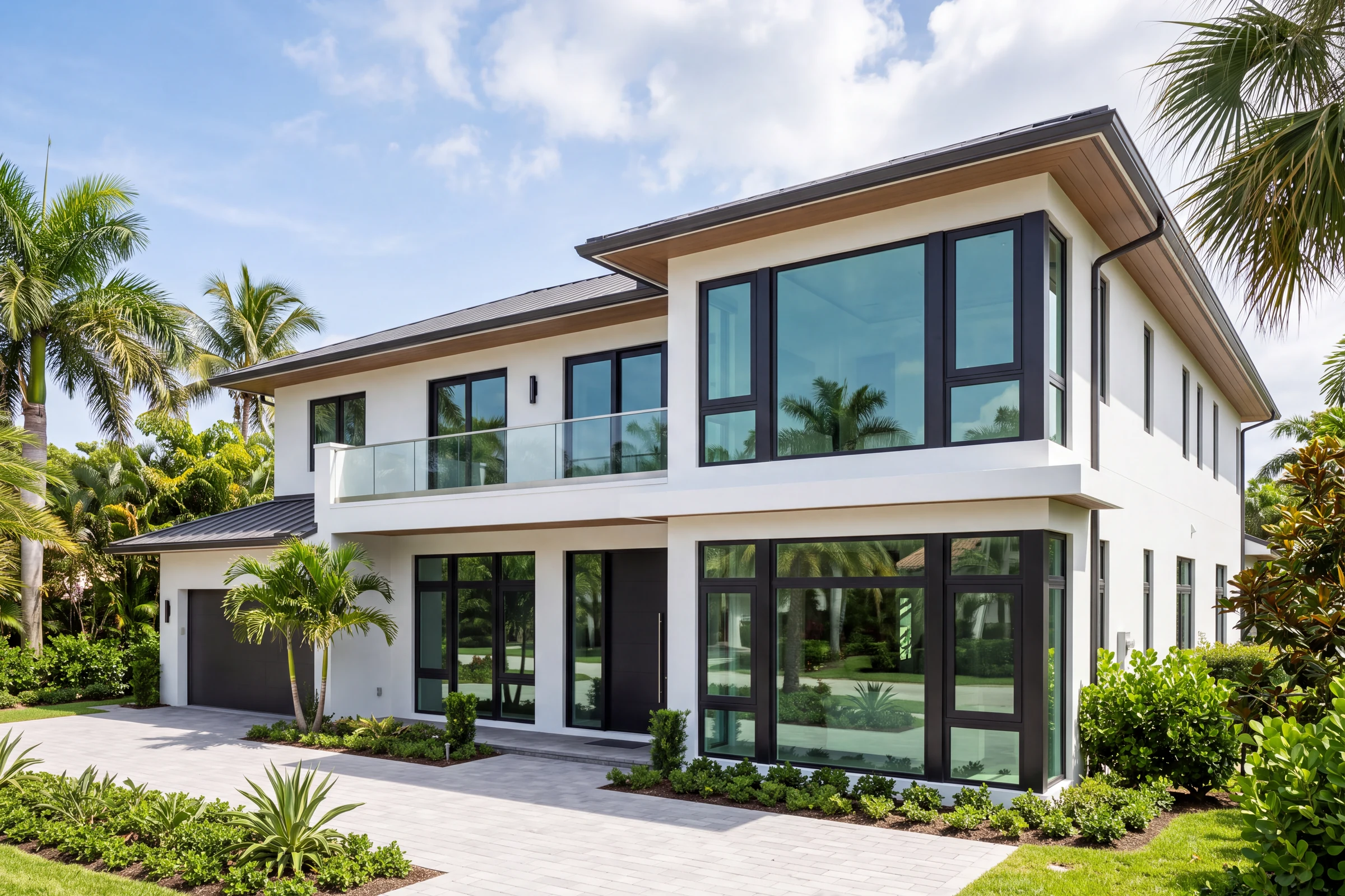 Modern two-story South Florida home with black-framed impact windows, sliding doors and a glass railing balcony
