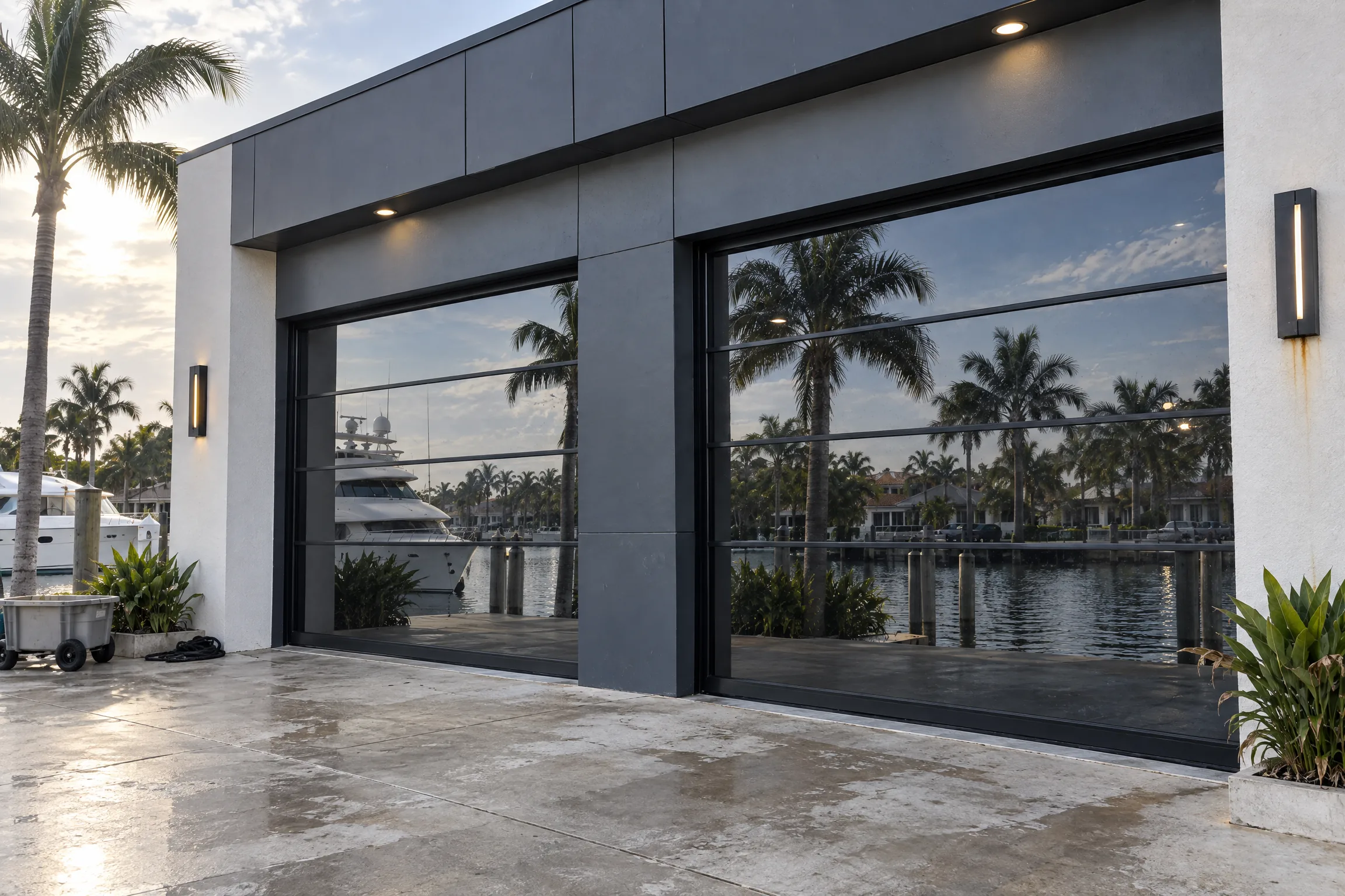 Frameless glass overhead doors with black privacy interlayer on a marine building