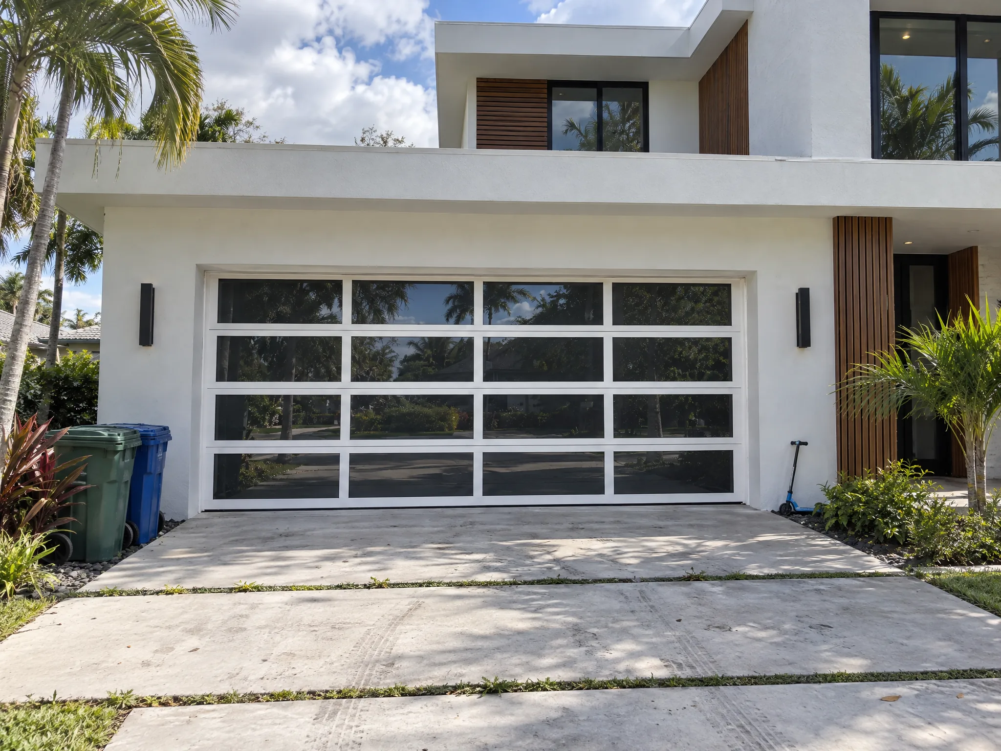 White framed full view aluminum and glass garage door on a modern two-story home