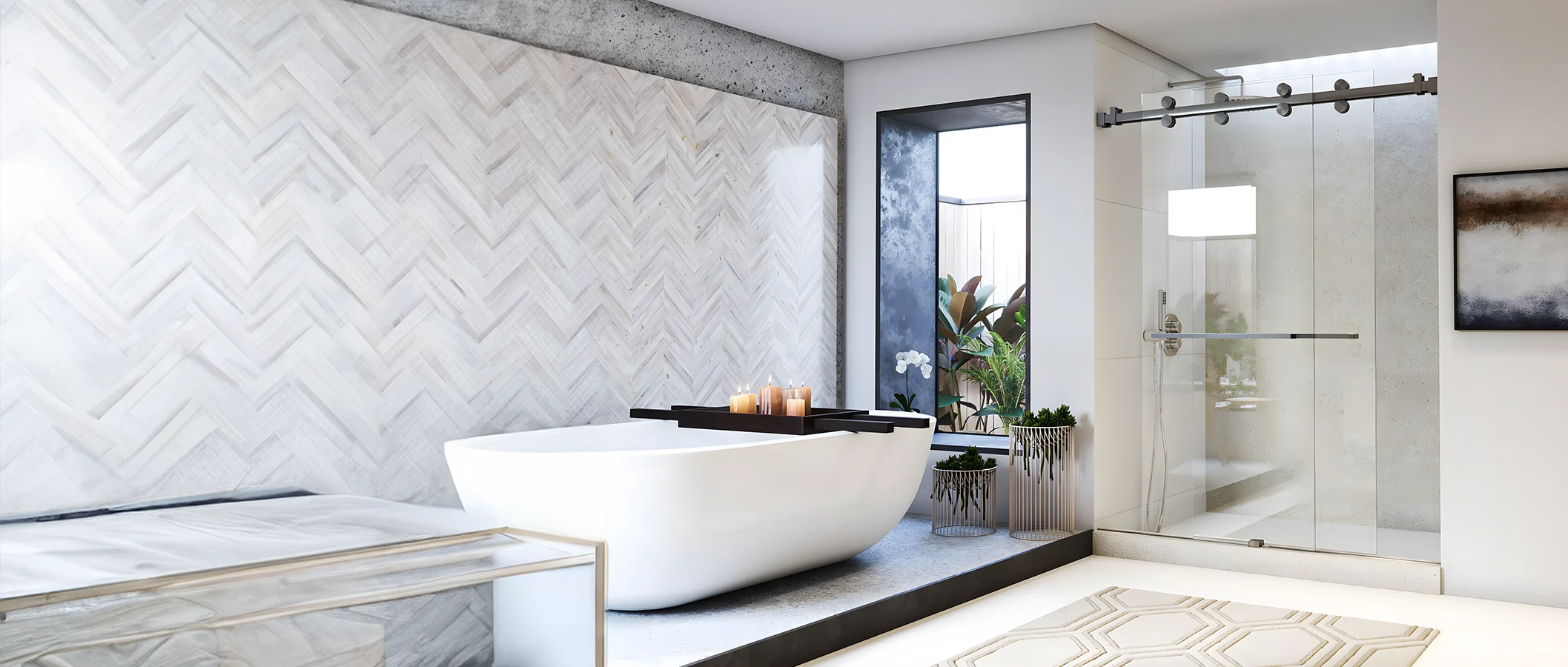 Bright modern bathroom with glass shower enclosure and stylish mirror accent.
