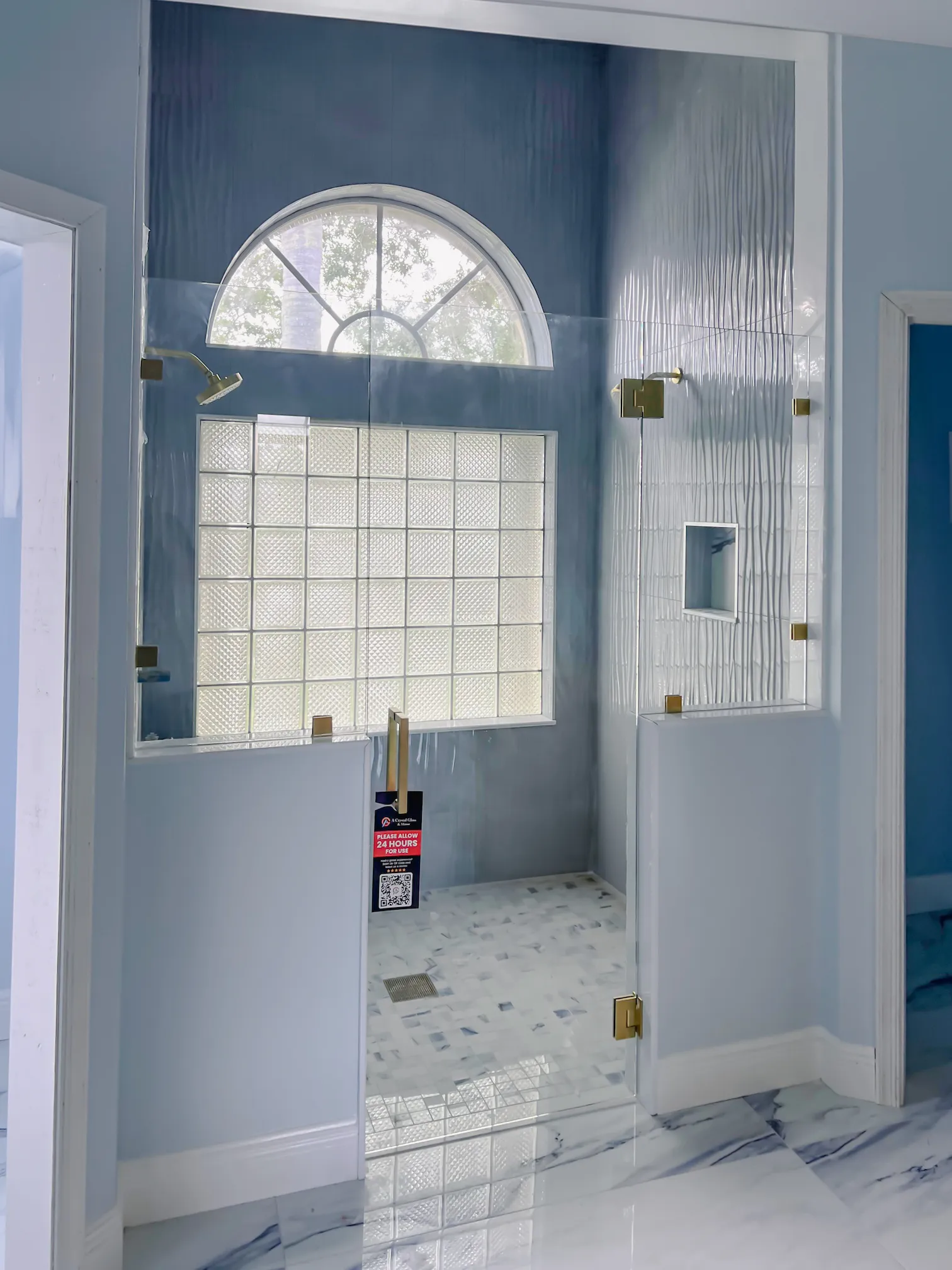 High-quality glass shower door with modern design, durable materials, and stylish hardware.