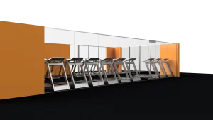 Elegant glass display with contemporary mirror frames and orange-colored wall panels.