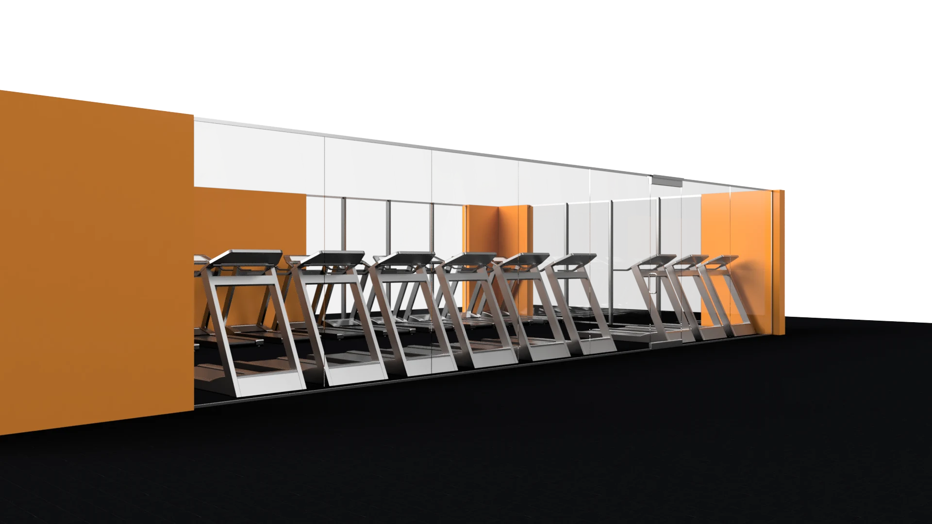 Elegant glass display with contemporary mirror frames and orange-colored wall panels.