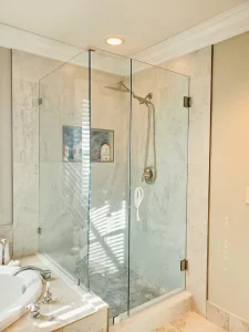 High-quality glass bathroom shower door with durable hinges and clear visibility.