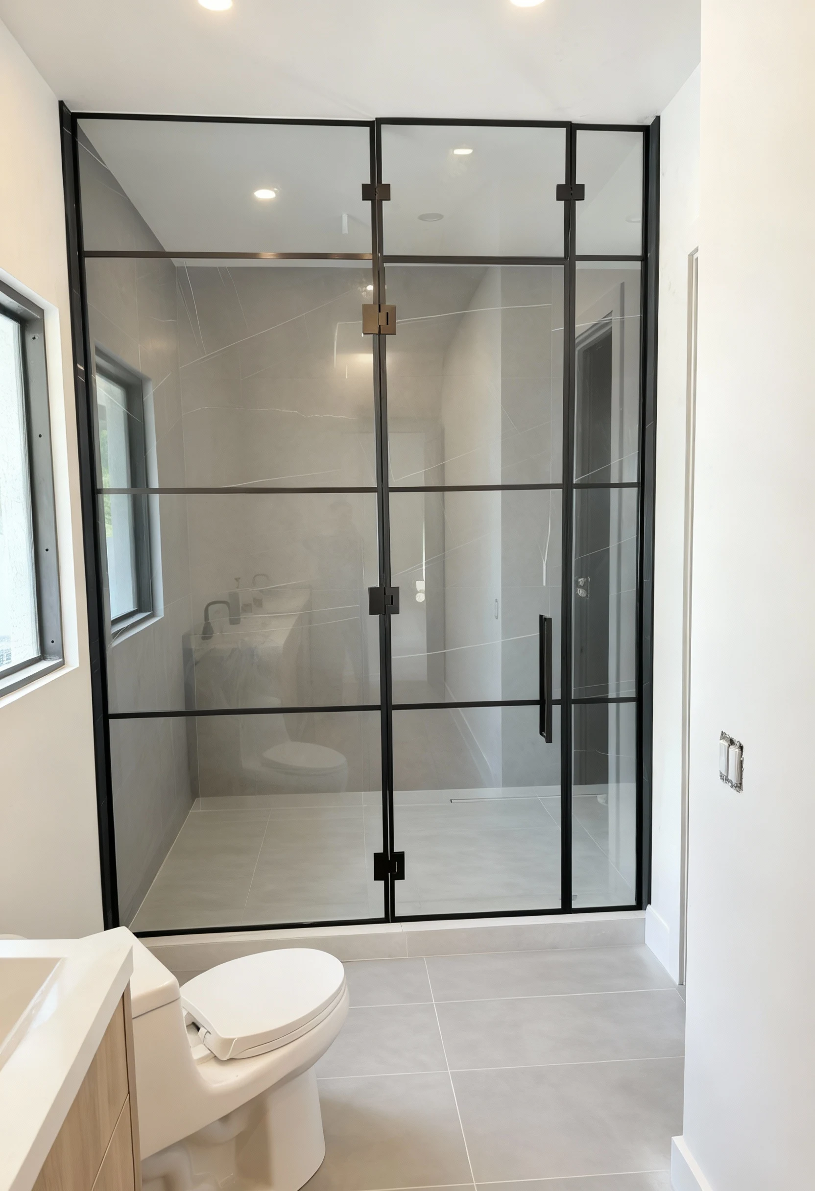 High-quality glass shower door with black metal frame for modern bathrooms.