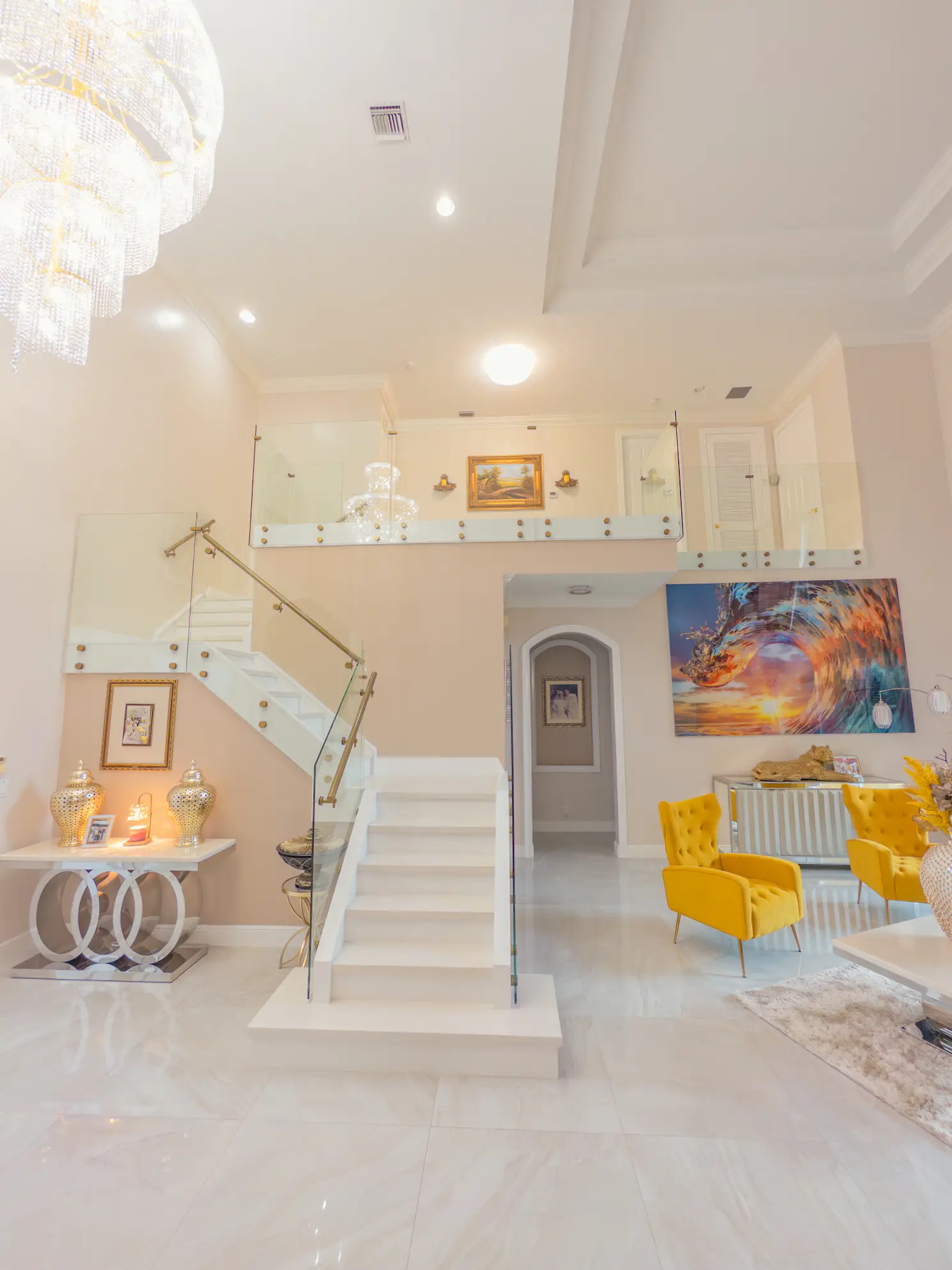 Stunning crystal glass staircase and mirrors enhance home decor with luxury and style.