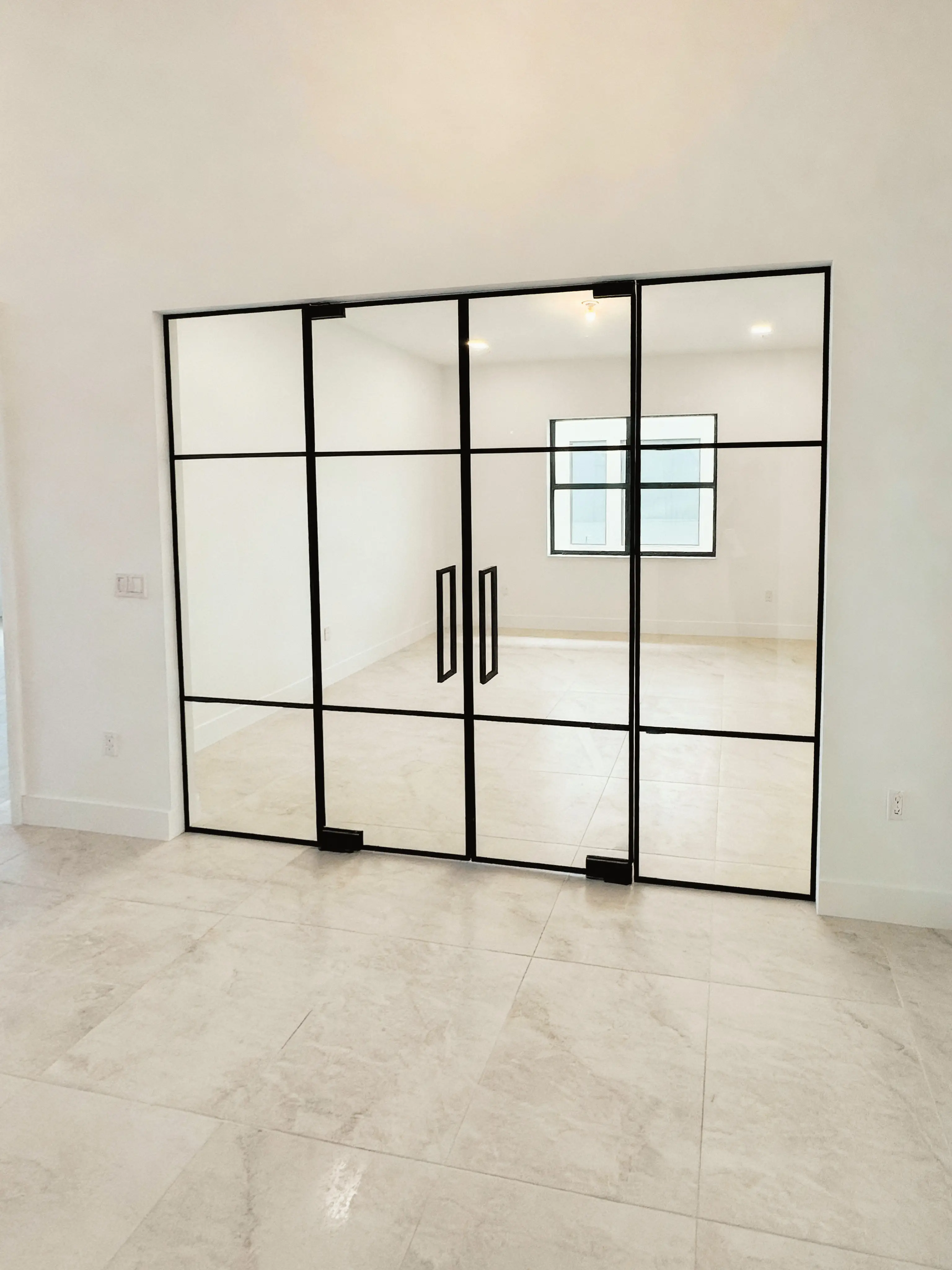Elegant black-framed glass closet door for stylish interiors.