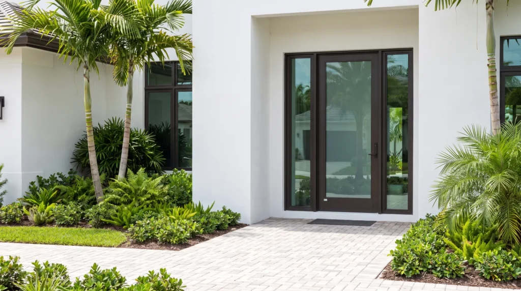 Dark bronze impact entry door with glass sidelites on a contemporary South Florida home