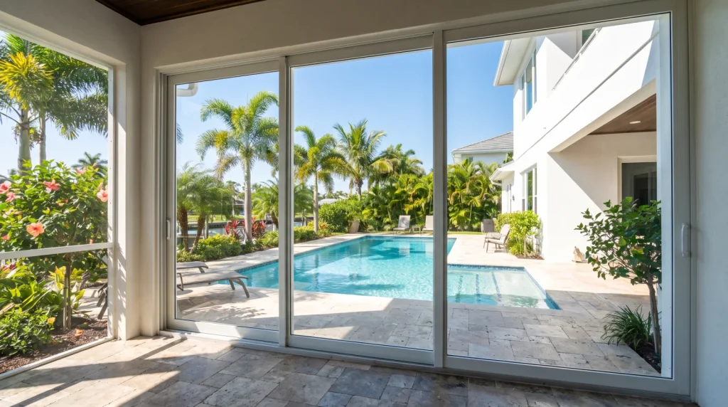 White aluminum impact sliding glass doors opening to a pool patio in South Florida