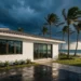 Palm Beach County coastal home with impact windows and sliding glass doors as storm clouds build over the ocean