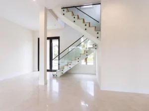 Full view of the interior glass railing system at the Rodeo Drive residence in Wellington FL